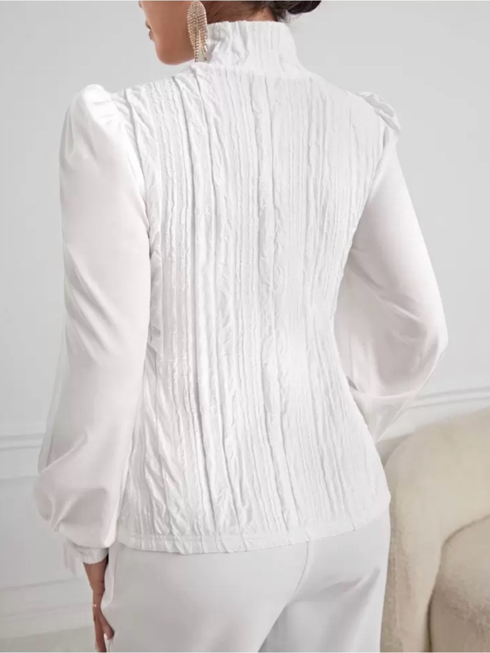 SHEIN White High-Neck Puff Sleeve Blouse - Picture 3 of 3